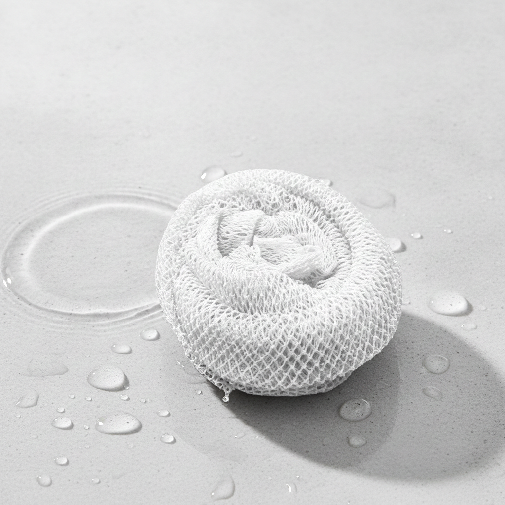 Rolled White Sapo Sponge beside water droplets on a light gray surface.