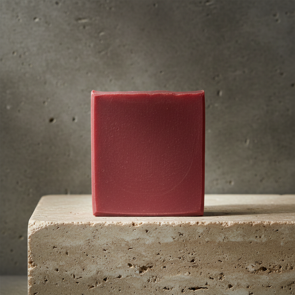 Midnight Cherry handmade soap bar on a light stone pedestal with a clean minimal backdrop