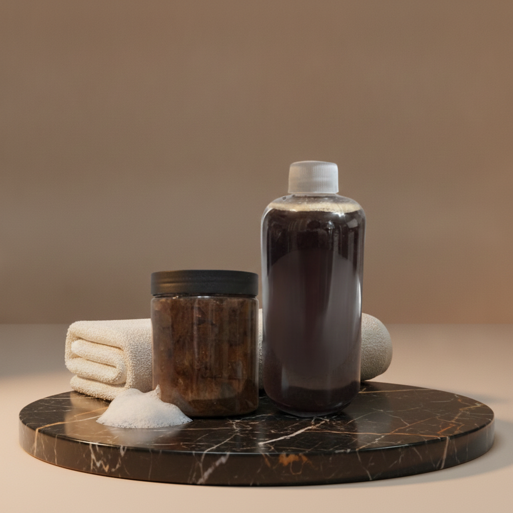 Liquid African Black Soap and Black Soap Paste on a black marble tray beside folded towels and a small mound of lather.