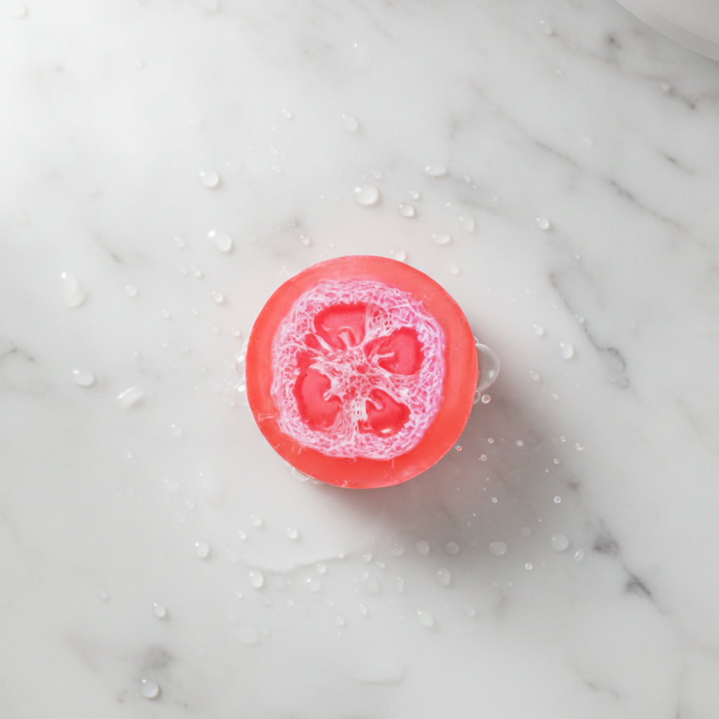 Pink Loofah Soap Bar on a wet marble surface with water droplets.