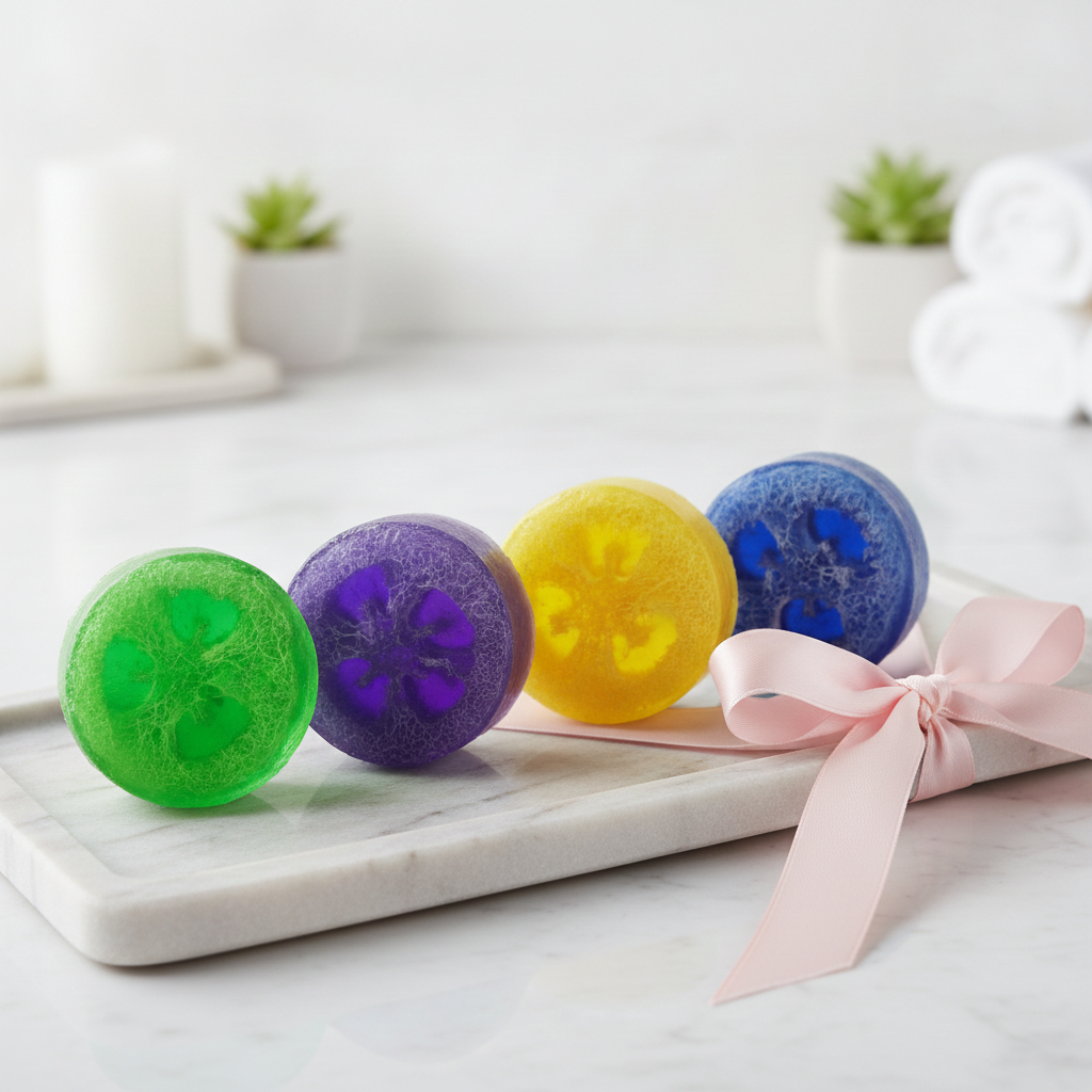 4 Loofah Soaps Gift Set displayed on a marble tray with a pink ribbon and bathroom decor.