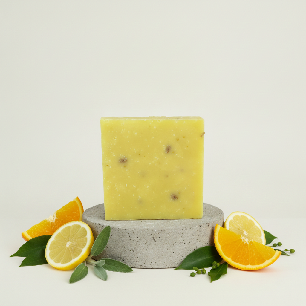 Island Citrus for Men Scrub Soap Bar on a stone pedestal with orange, lemon, and green leaf accents.