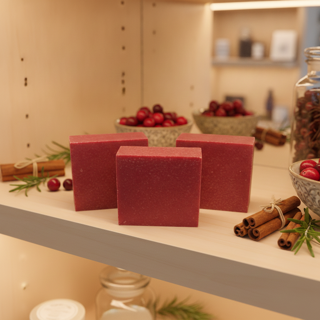 Cranberry Spice Soap Bars displayed on a bathroom shelf with cranberries, cinnamon sticks, rosemary, and warm lighting.