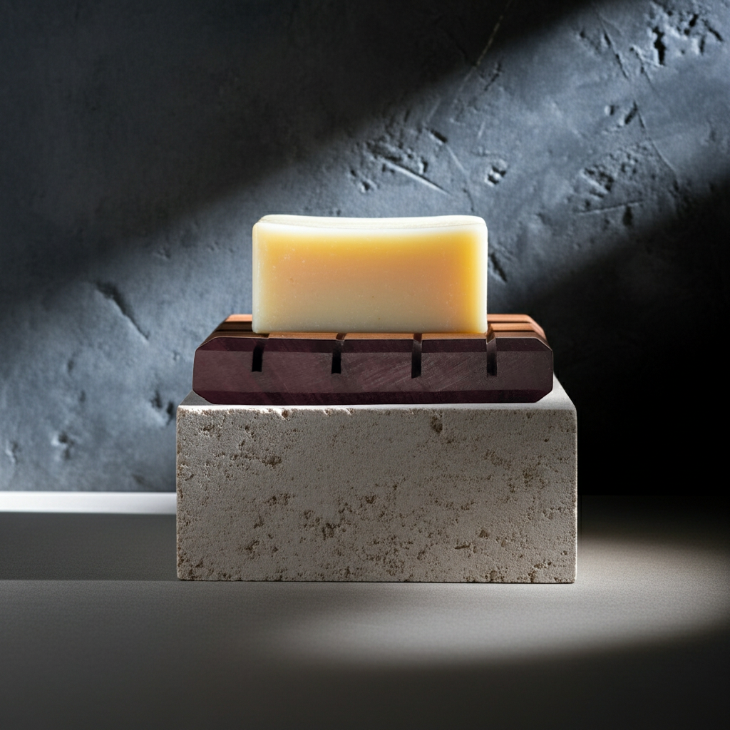 Bar of soap resting on a Purple Heart wood soap dish atop a stone block with dramatic side lighting.
