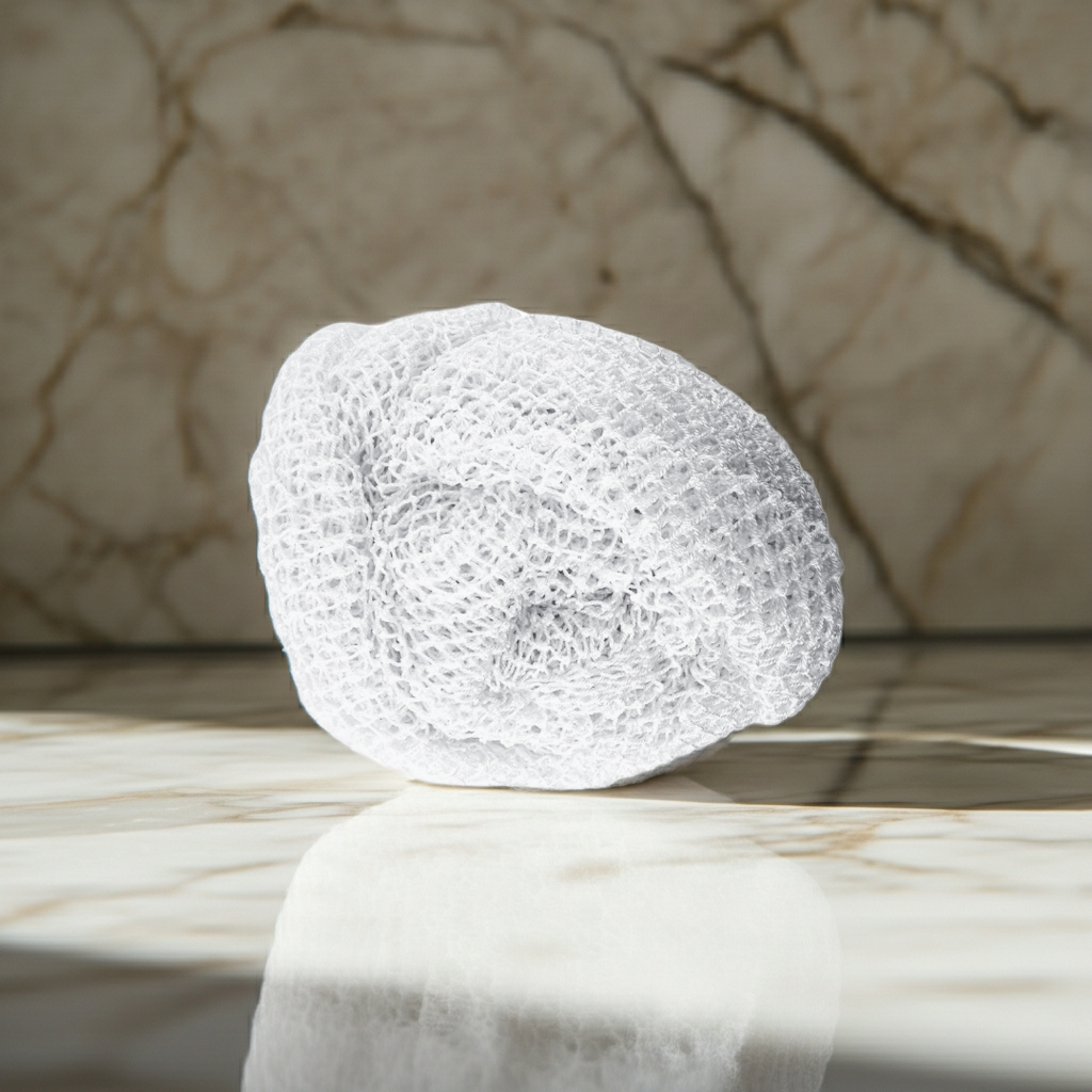 A close-up product image of the White Sapo Sponge from The White Line by Mama Aswan showing the netted texture that helps exfoliate and create a rich lather.