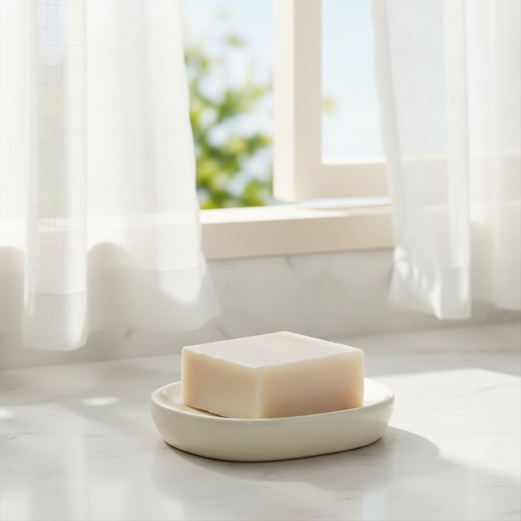 Cotton Blossom Soap Bar resting in a white dish near sheer curtains and bright window light.