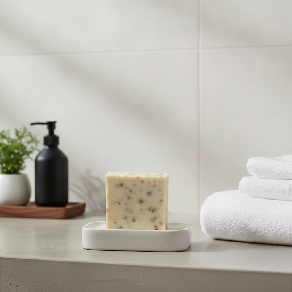 Strong Coffee Soap Bar in a white soap dish beside towels and bathroom accessories.