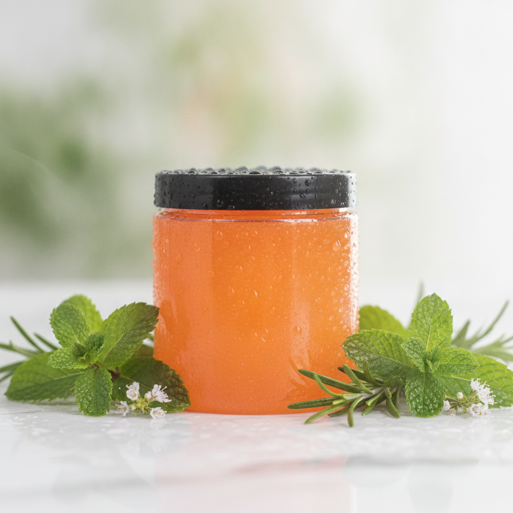 Orange Sugar Scrub Gel surrounded by mint leaves and greenery on a bright white surface.