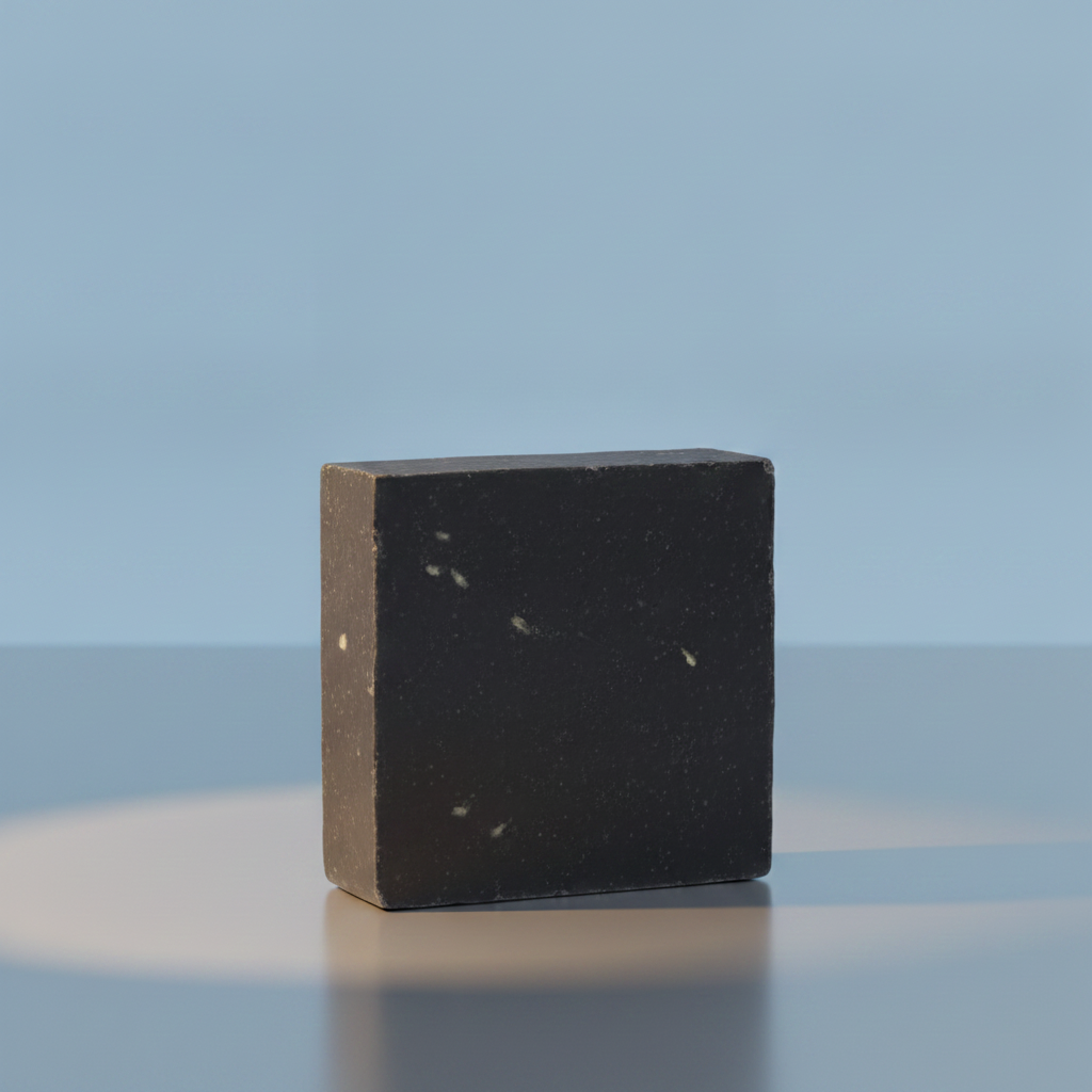Pine Tar Soap Bar standing on a light blue surface showing its dark color and speckled texture.