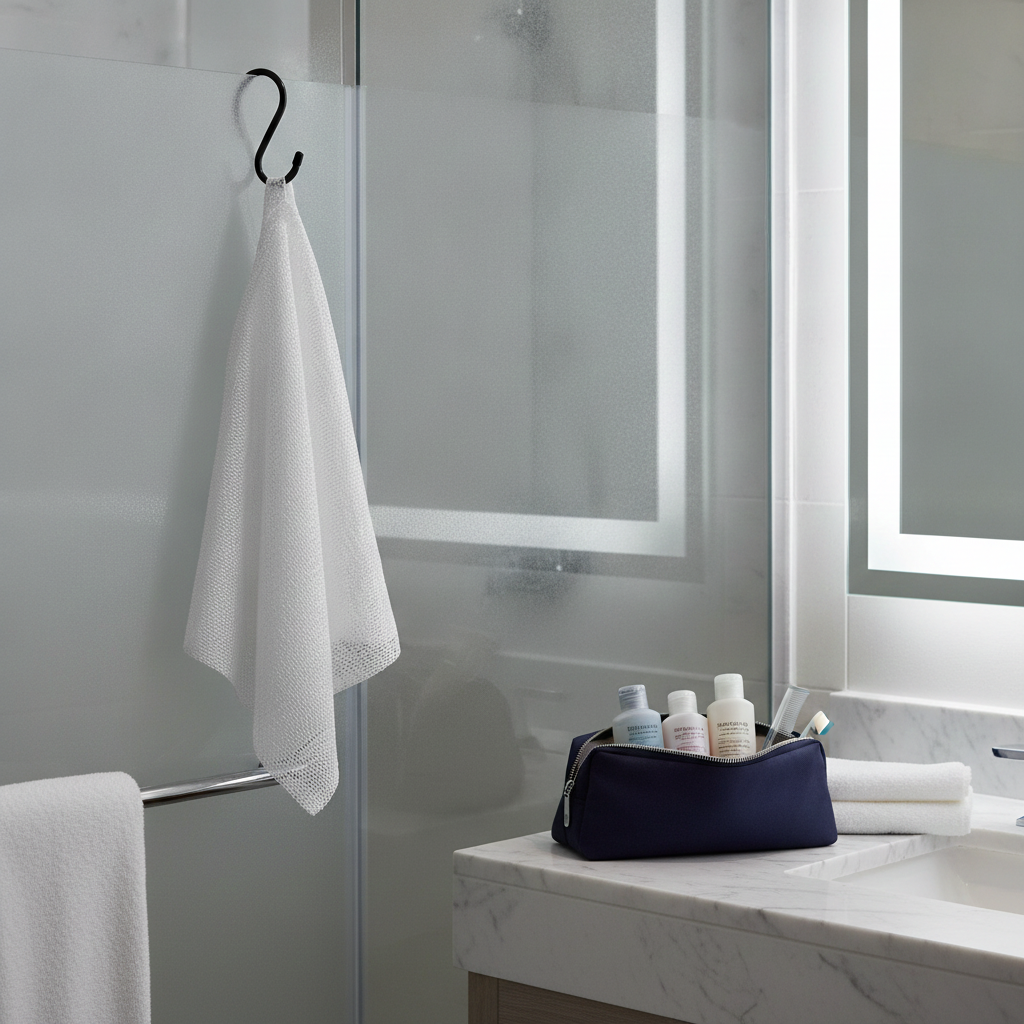 White Sapo Sponge hanging from a hook beside a travel toiletry bag in a bright bathroom.