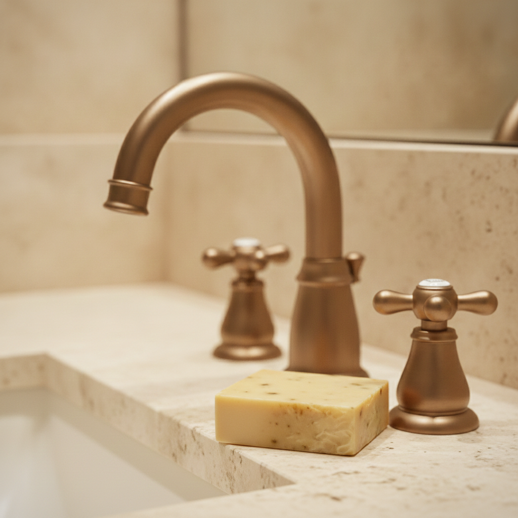 Cherry Almond Soap Bar beside a bathroom sink with bronze faucet and warm marble tile.
