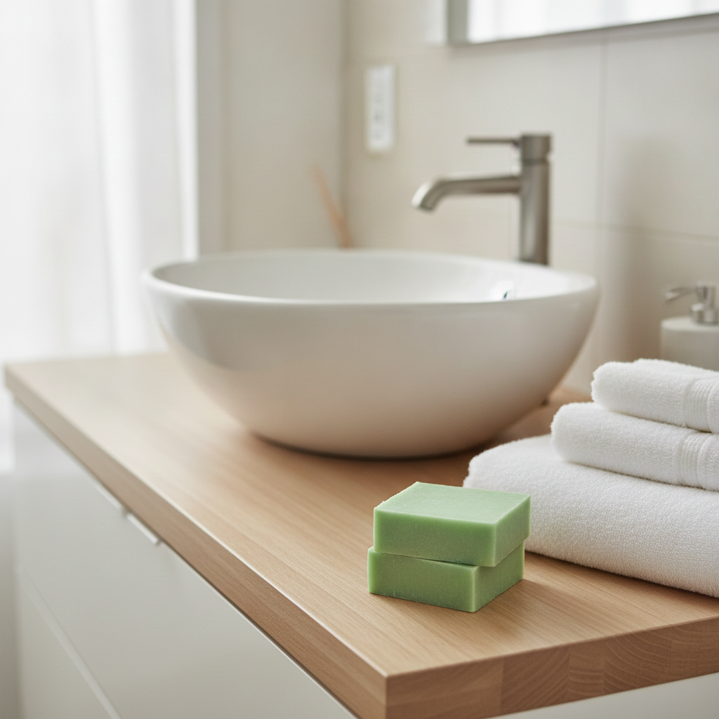 Apple Cider Vinegar Soap Bar on a bathroom counter beside folded towels and a white sink.