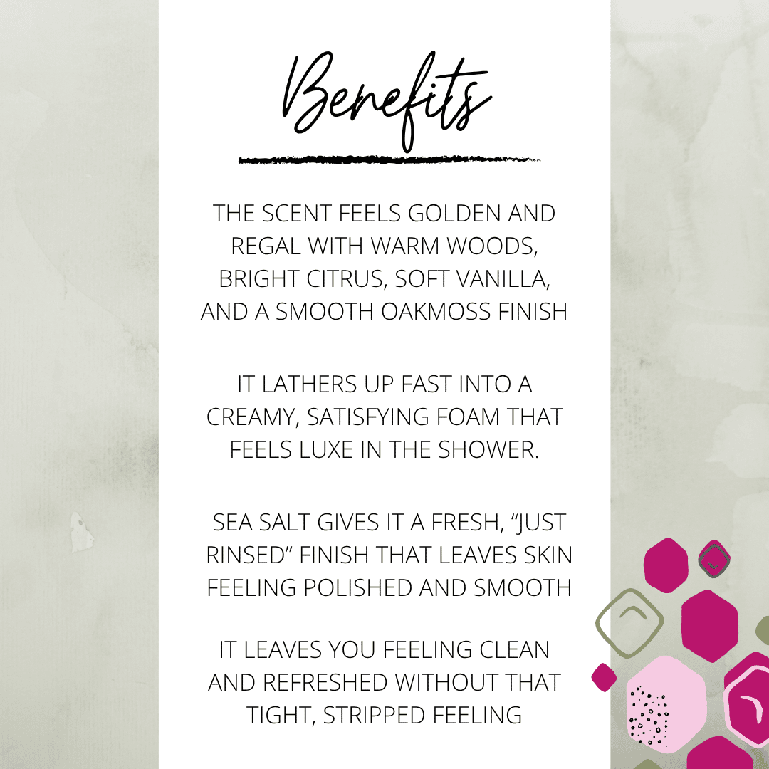 Benefits graphic for Osei Gold soap featuring golden scent notes, creamy lather, and a fresh sea-salt finish