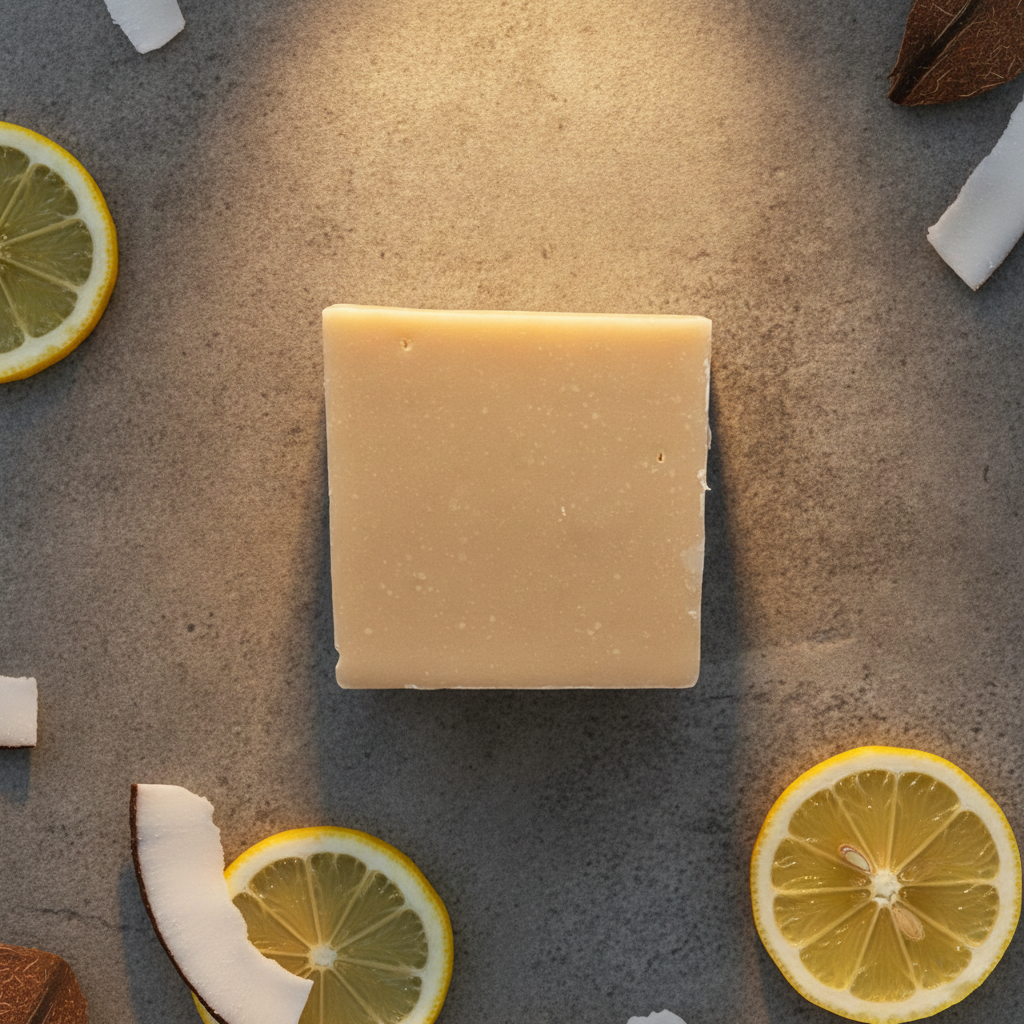 Lemon Coconut Soap Bar on a stone surface surrounded by lemon slices and coconut pieces.