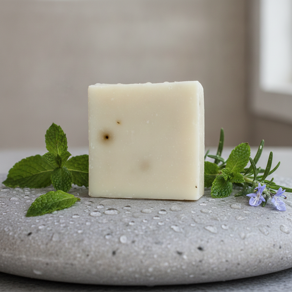 Spearmint Rosemary Soap Bar on a wet stone surface with mint leaves, rosemary, and soft window light.