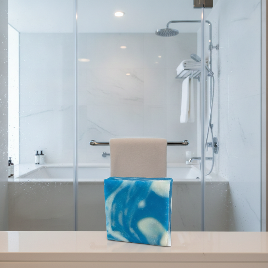 Cool Water Soap Bar on a bathroom ledge with a bright shower and towel in the background.
