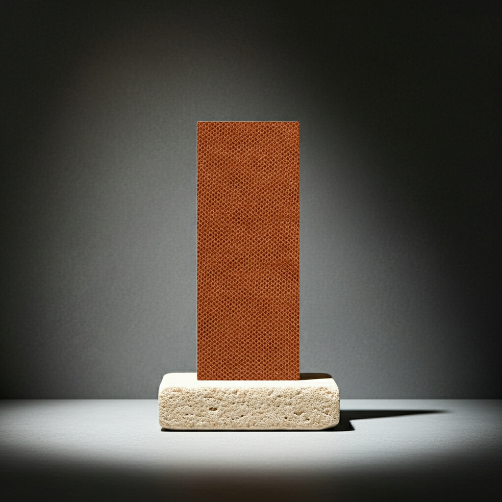 Brown long body scrubber standing upright on a stone base under dramatic spotlight lighting.