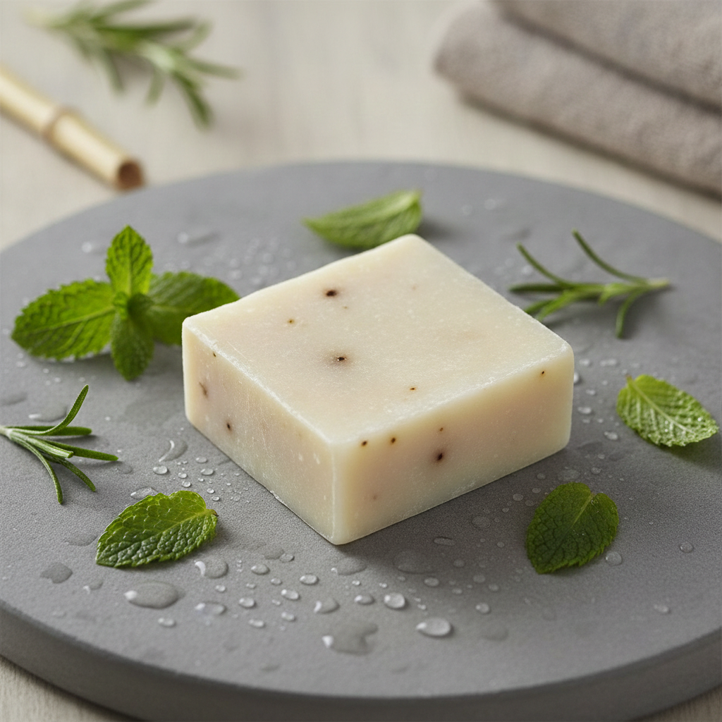 Spearmint Rosemary Soap Bar on a gray tray with mint leaves, rosemary sprigs, and water droplets.