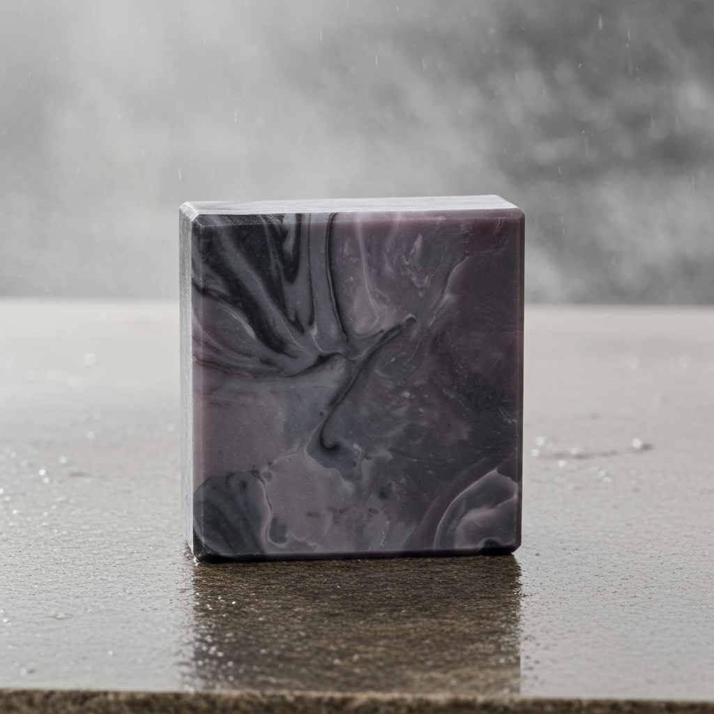 Storm Over the Sahel mineral-rich soap bar on a wet surface with soft mist and fresh stormy mood
