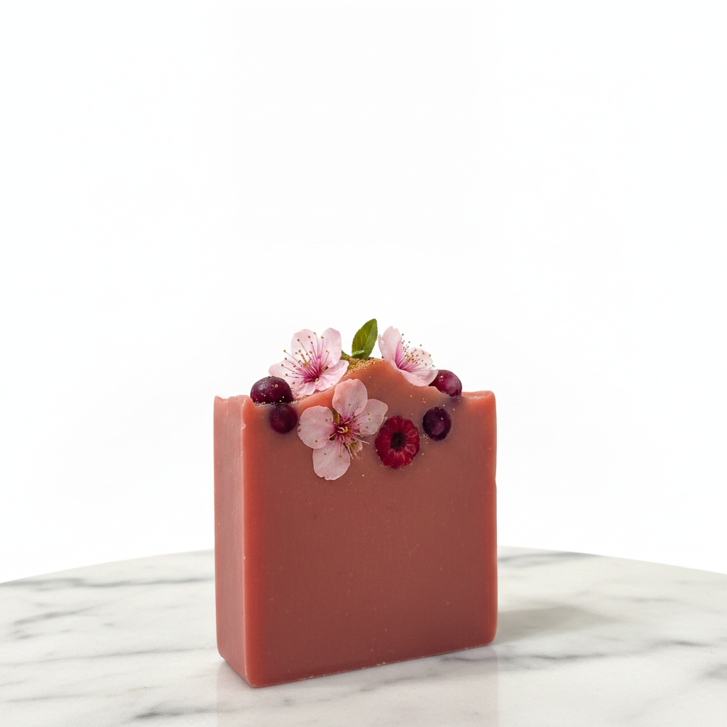 Bougie Auntie soap bar topped with small flowers and berries on a marble surface in a soft bright setting
