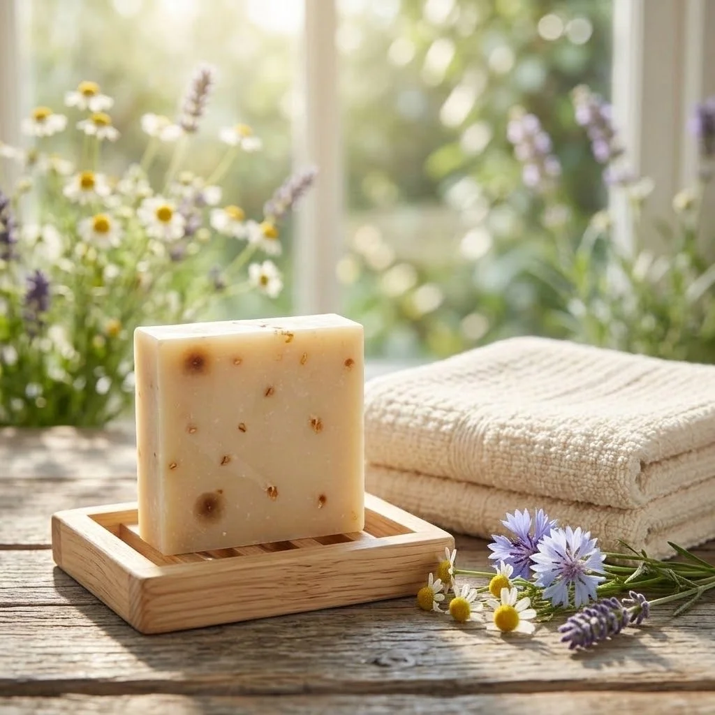 Wildflower Woman soap bar in a wooden dish beside a folded towel and flowers.