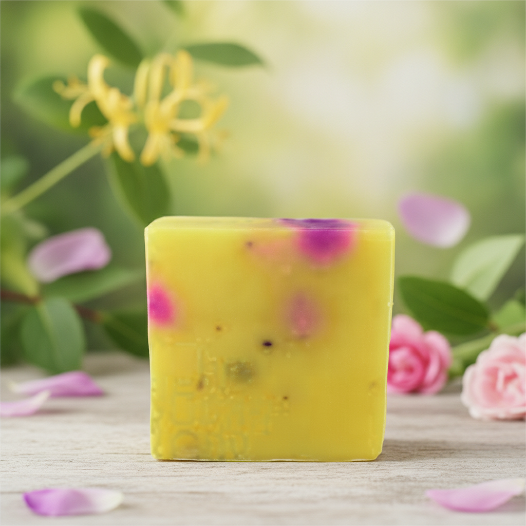 Honeysuckle Soap Bar displayed outdoors with honeysuckle flowers, pink roses, and scattered petals.