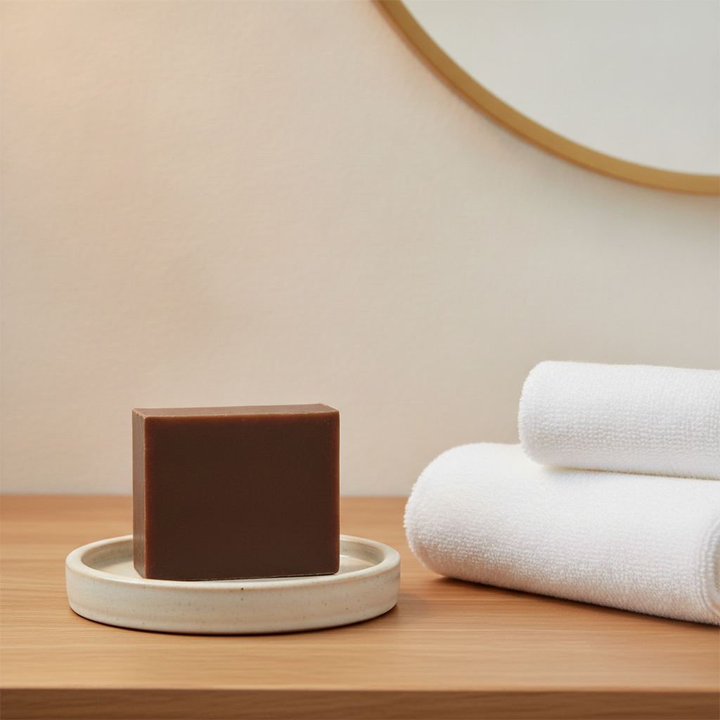 Moroccan Vanilla Goat’s Milk Soap Bar on a small dish beside folded white towels and a round mirror.