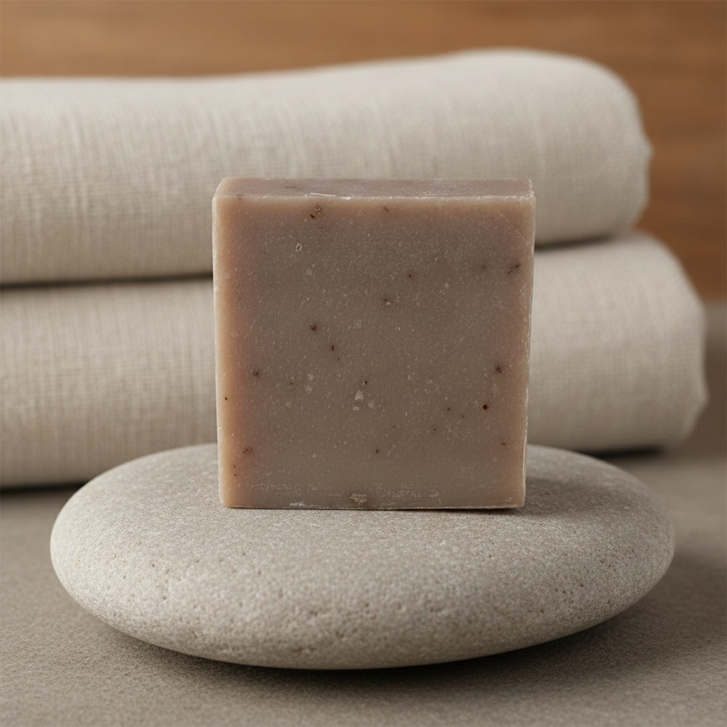 Oatmeal Goat’s Milk Soap displayed on a smooth stone beside folded cream-colored towels.