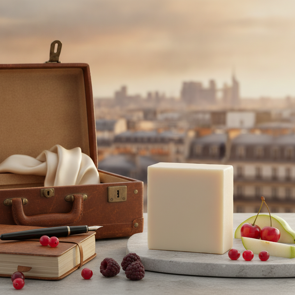 Room to Breathe Soap Bar beside a vintage suitcase, books, berries, cherries, and a soft Paris skyline background.
