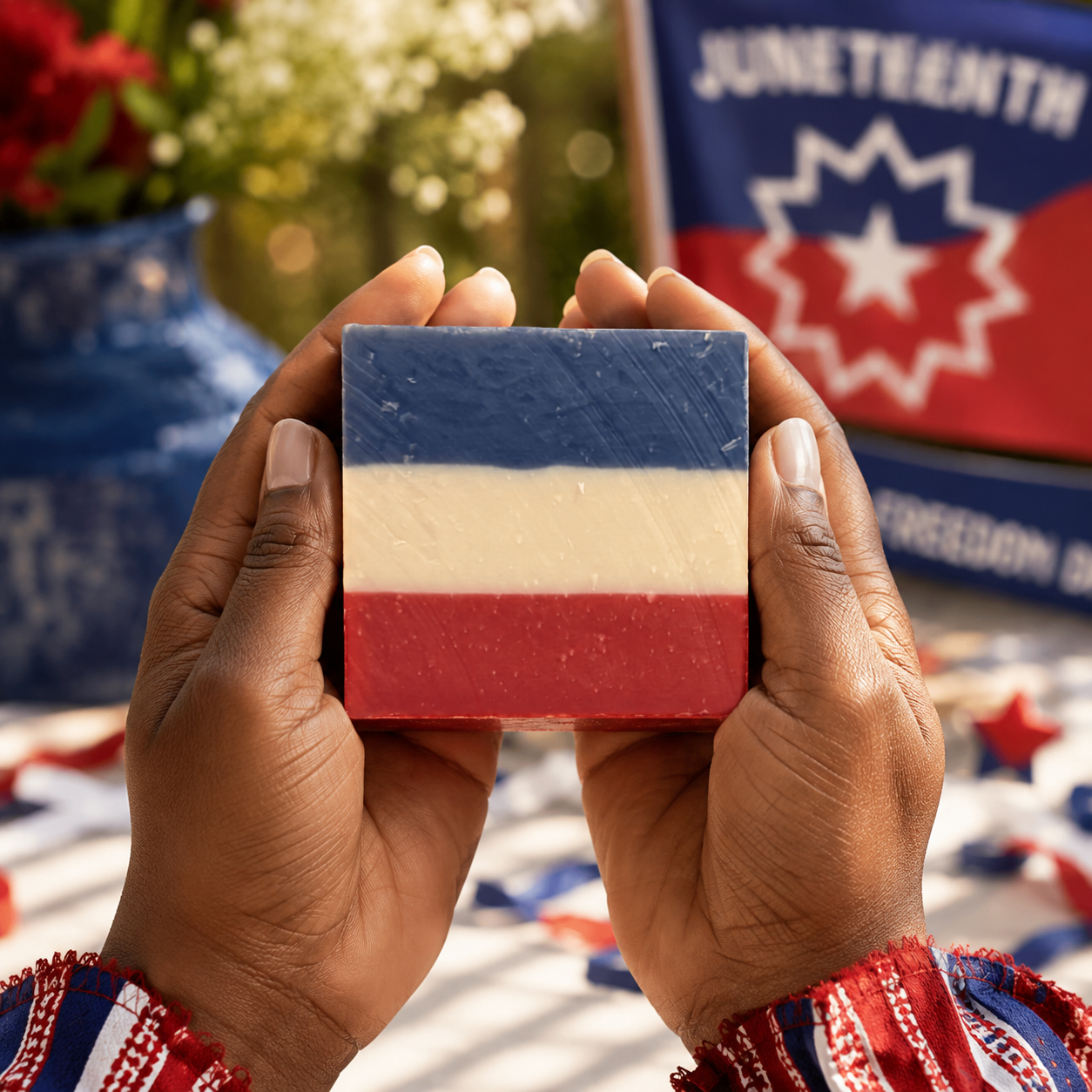 Hands holding the red, white, and blue No Longer Bound soap at a Juneteenth celebration