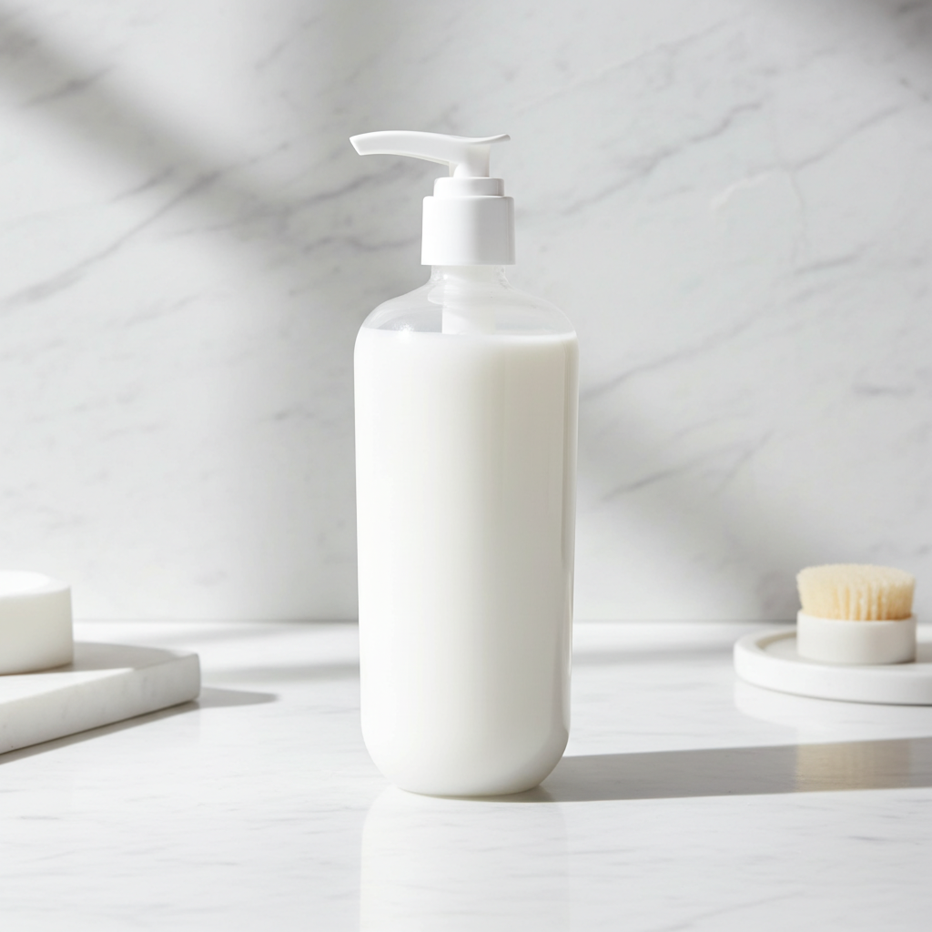 A bright spa-inspired image of The White Line Sensitive Skin Body Wash styled on a white marble surface with a bath brush for a fresh, clean bathroom aesthetic.