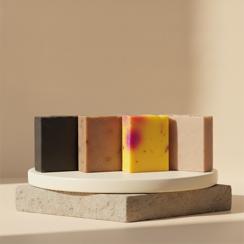 Four Classic Handmade Soap Bars displayed on a white pedestal and stone base with warm neutral lighting.