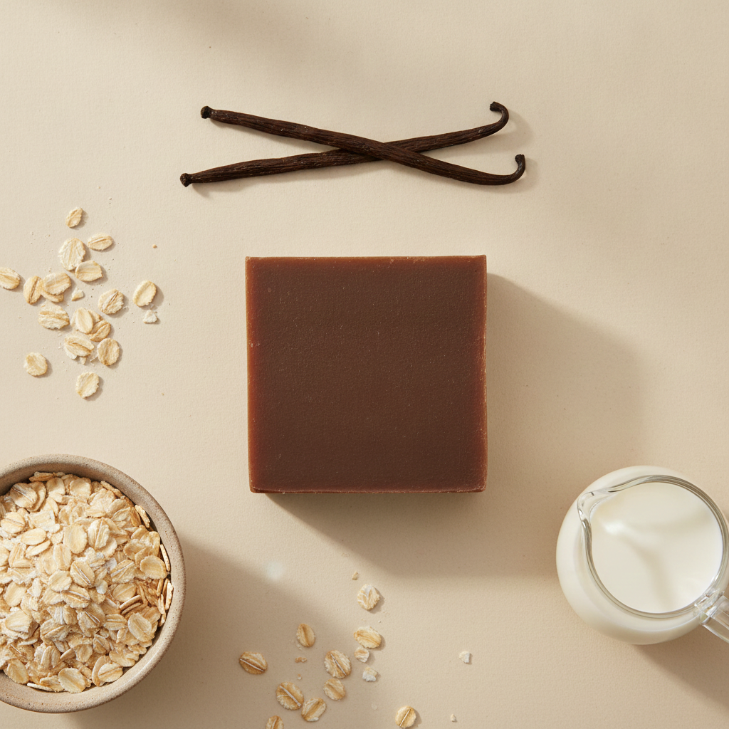Moroccan Vanilla Goat’s Milk Soap Bar shown from above with oats, vanilla beans, and a small cup of milk.