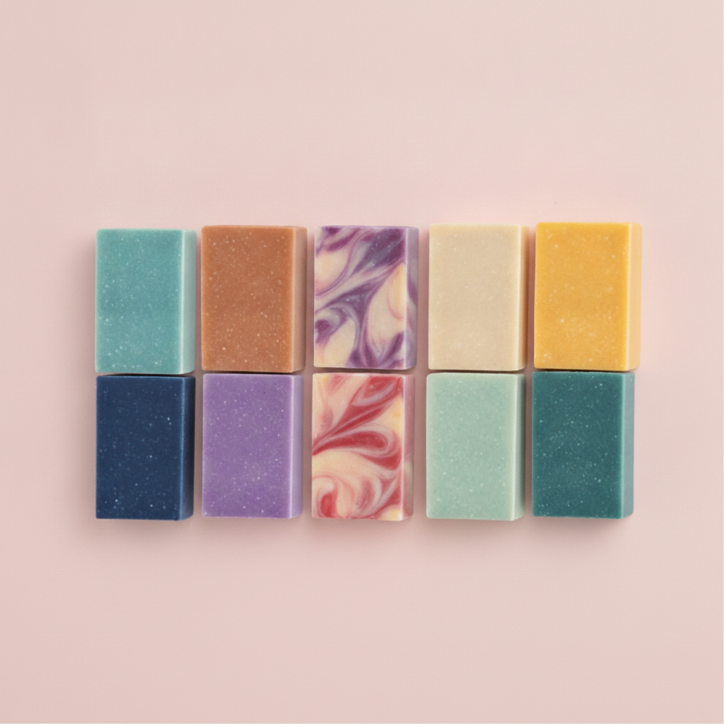 Ten colorful handmade mini soap samples arranged in two rows on a blush-pink background