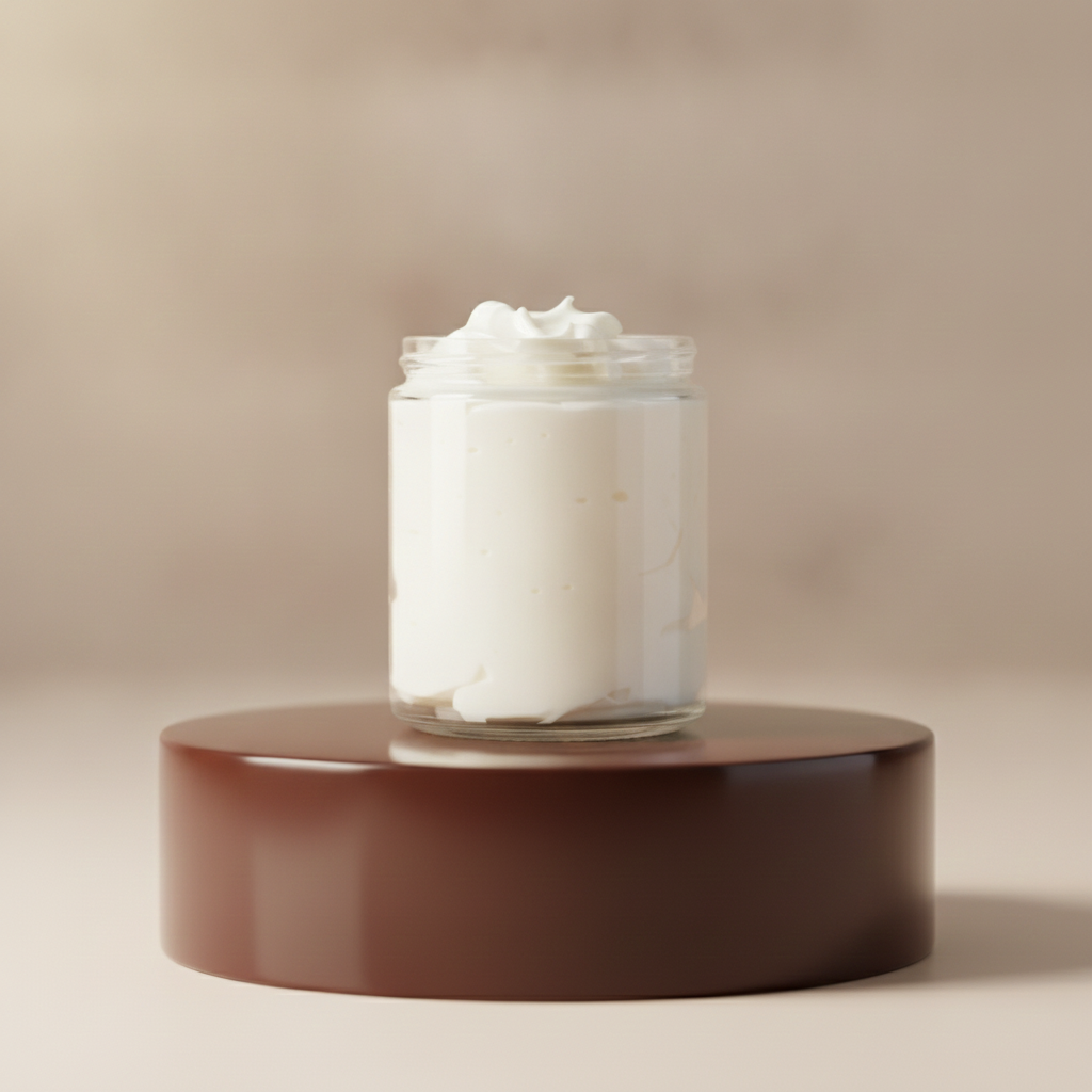 Open jar of Smooth Body Cream on a brown pedestal against a warm neutral studio background.