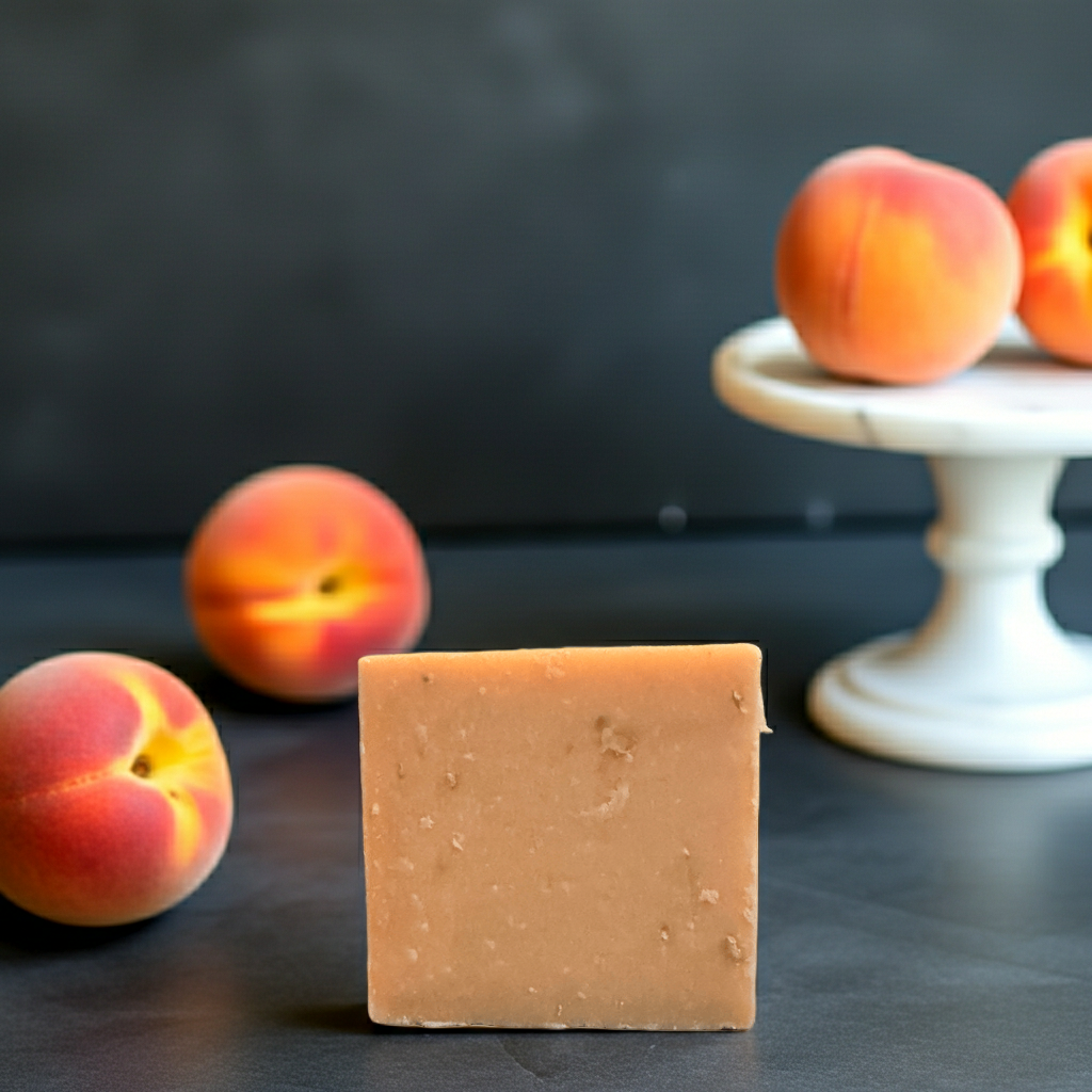Georgia Girl Glow handmade soap bar styled with fresh peaches on a dark surface in a warm Southern-inspired setting
