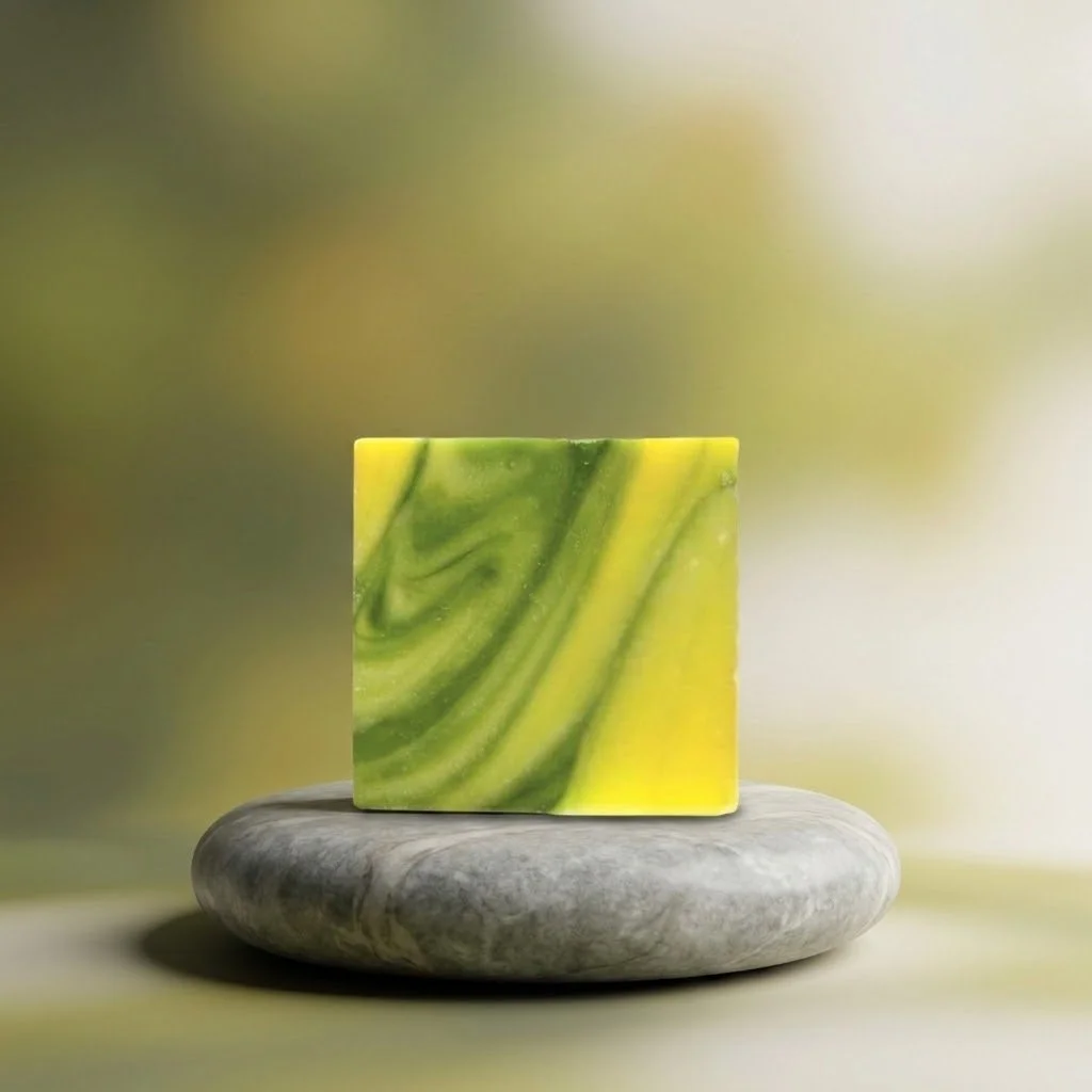 Green and yellow Free Spirit soap bar resting on a smooth gray stone against a softly blurred green background.