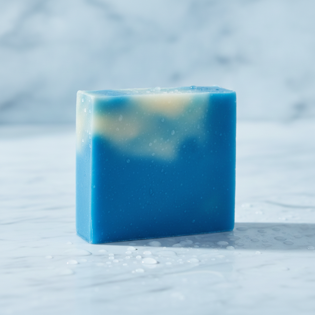 Cool Water Soap Bar on a wet marble surface with water droplets.