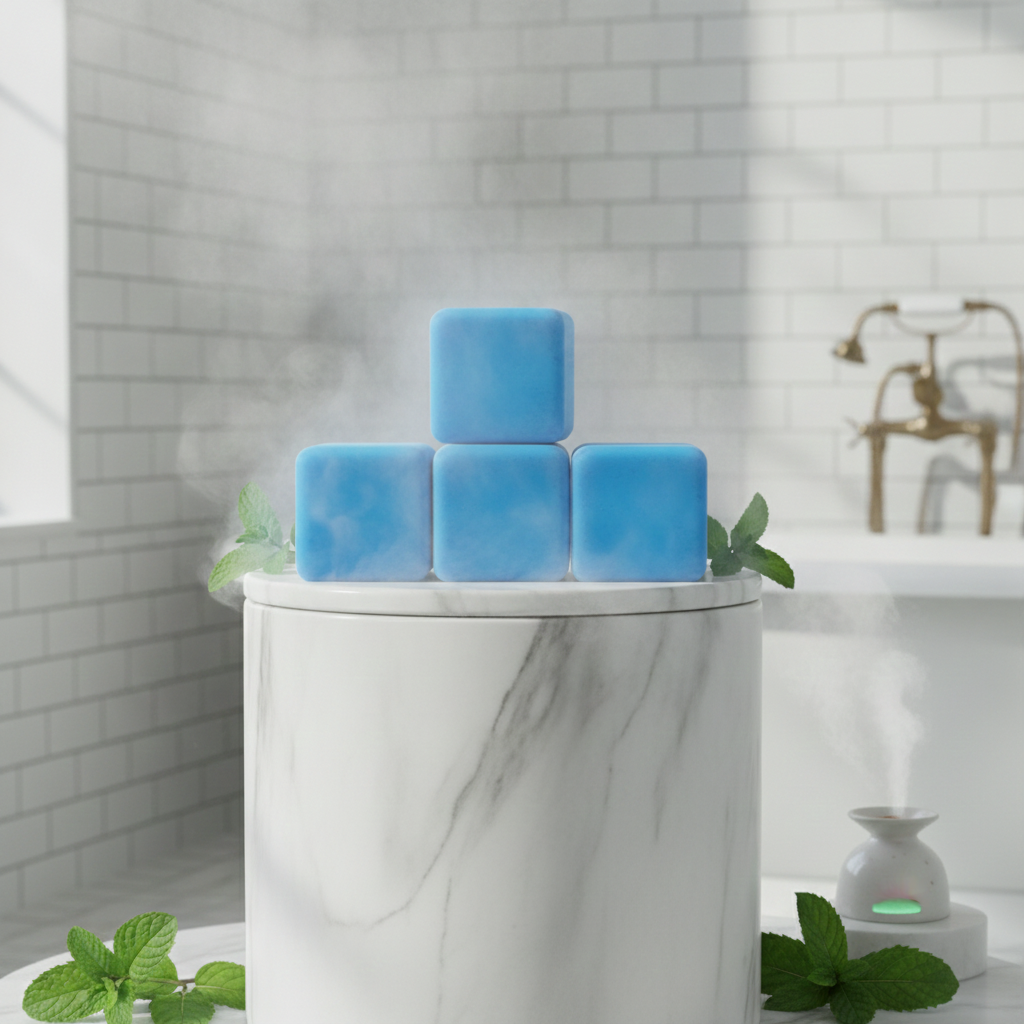 Blue Stress Relief Shower Steamers stacked on a marble pedestal in a bright bathroom with mint leaves and steam.