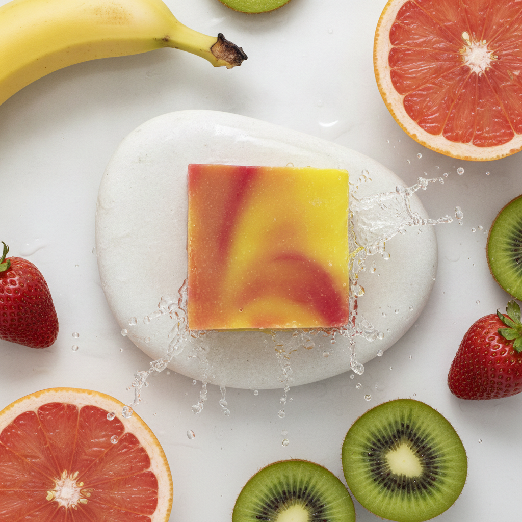 Monkey Farts Soap Bar on a white stone with banana, grapefruit, strawberry, kiwi, and water droplets.