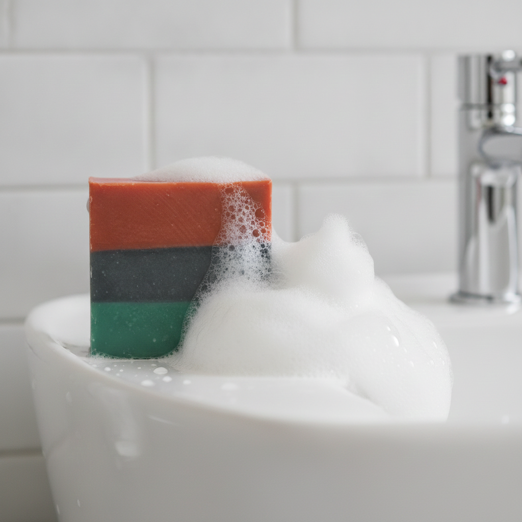 Liberation Lather soap surrounded by thick white foam beside a bathroom sink