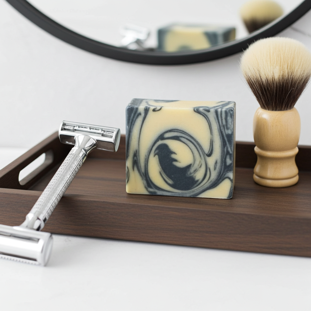 Sapeur Swagger soap bar styled with a safety razor and shaving brush in a clean classic grooming scene