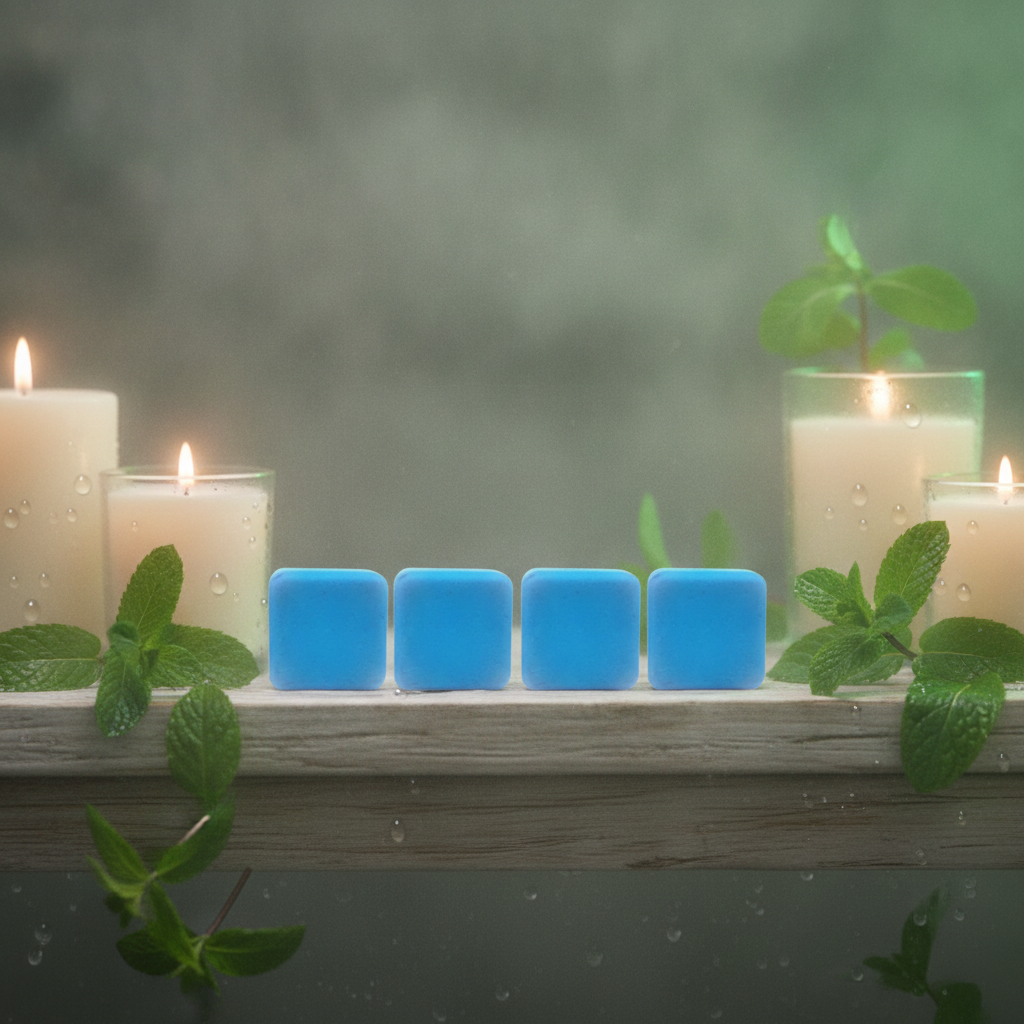 Four blue Stress Relief Shower Steamers displayed with candles, mint leaves, and soft steam.