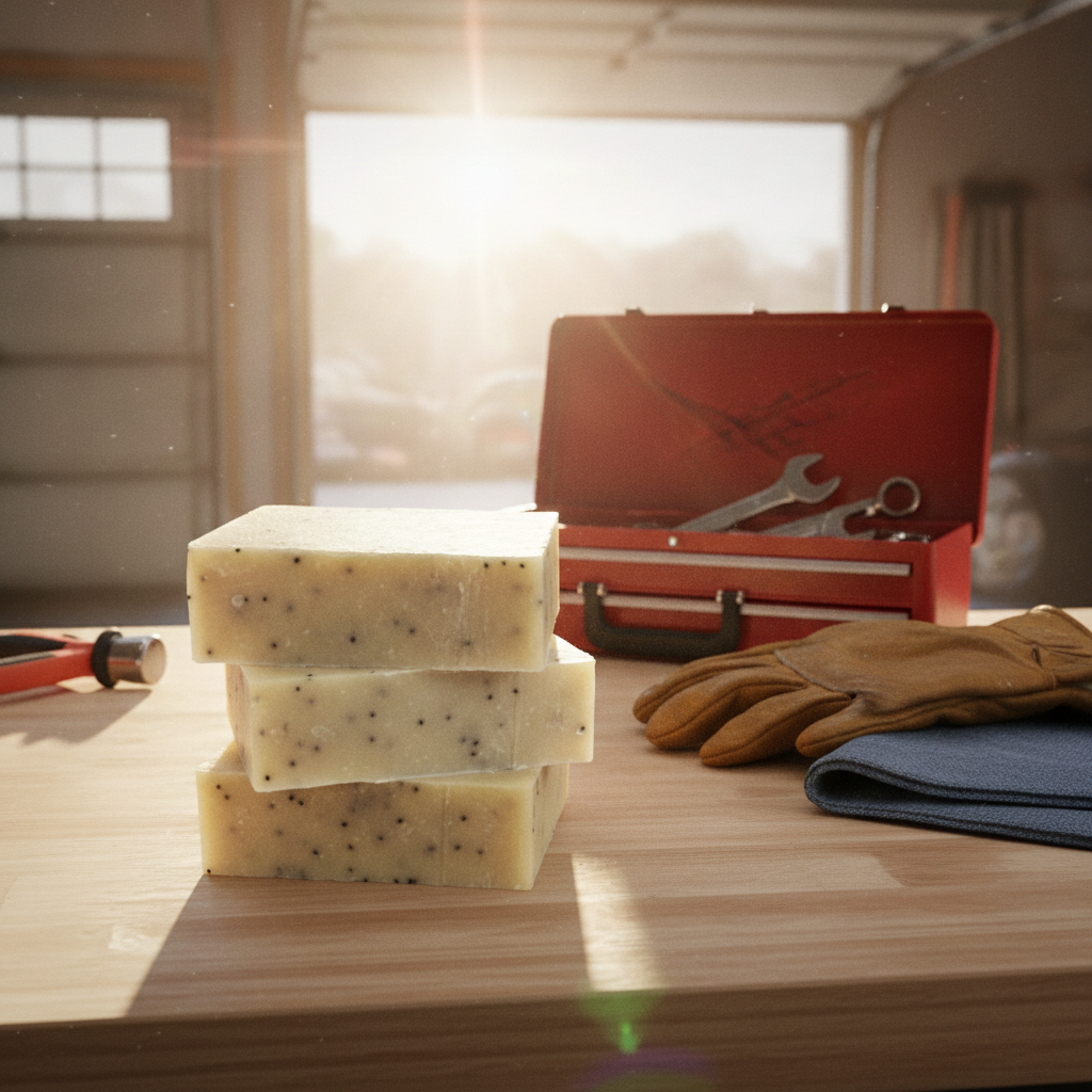 Stacked Mechanic’s Soap Bars on a workbench with gloves, tools, and warm garage lighting.