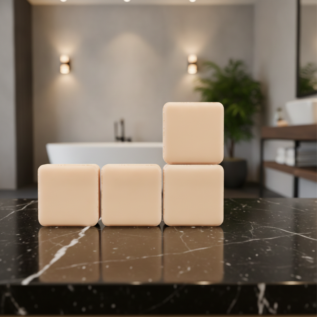 Nag Champa Shower Steamers stacked on a black marble counter in a modern bathroom.