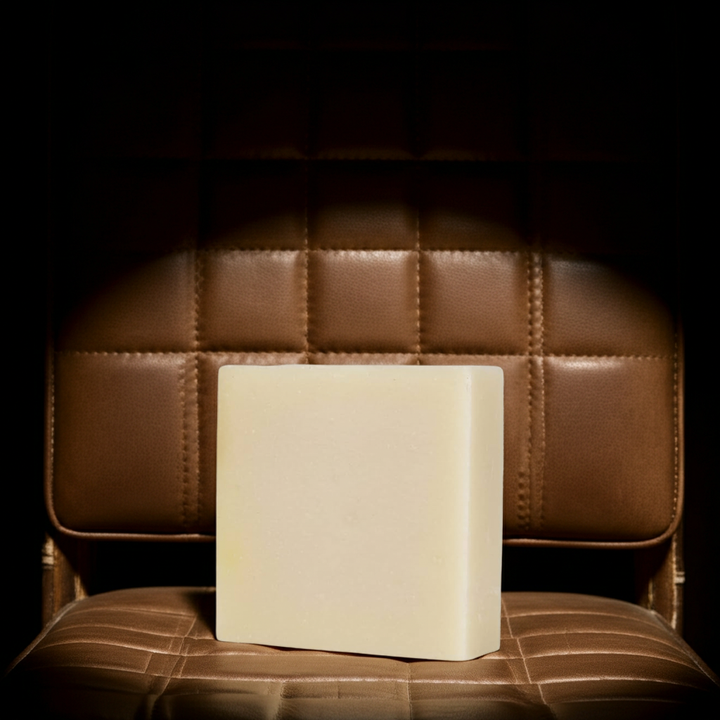 Unc’s Barbershop Blend soap bar styled on a vintage barber chair with warm moody lighting