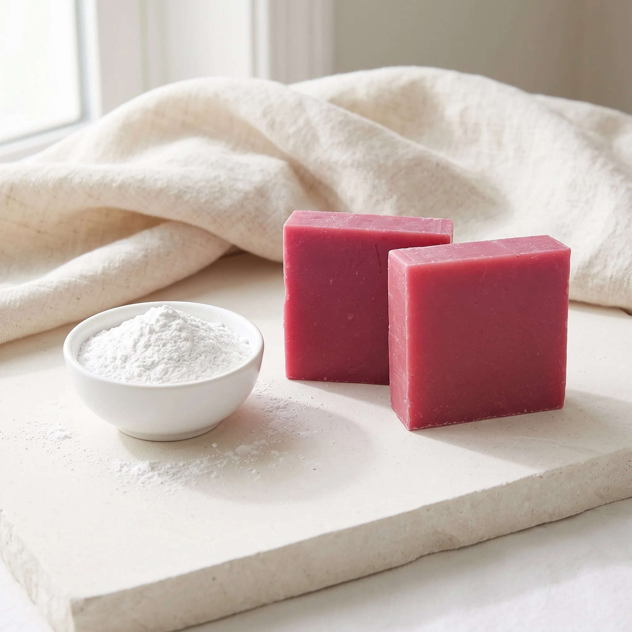 Baby Powder Soap Bars on a marble tray beside a bowl of powder and soft neutral fabric.