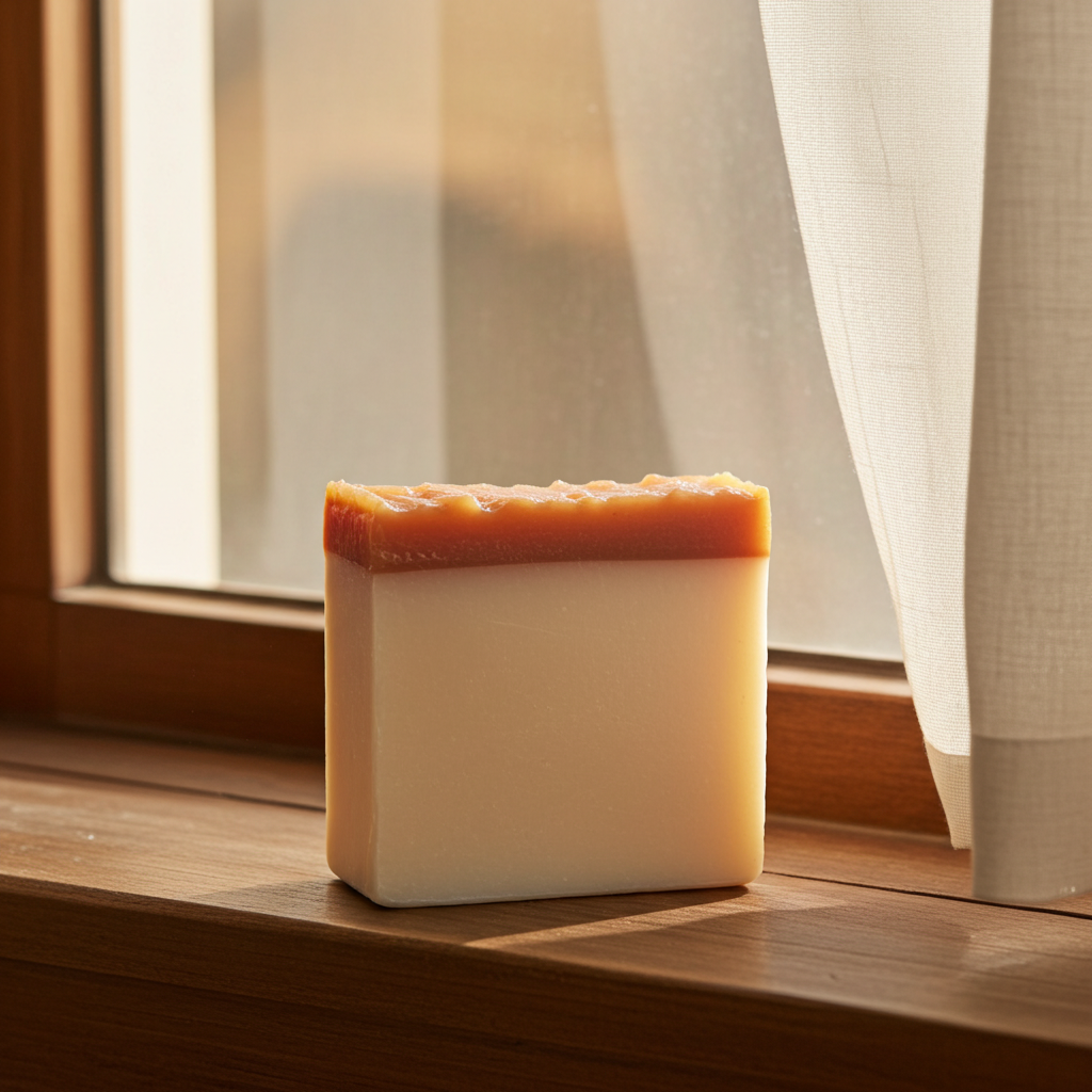 Honey Child soap bar on a windowsill with sheer curtains and warm natural sunlight.