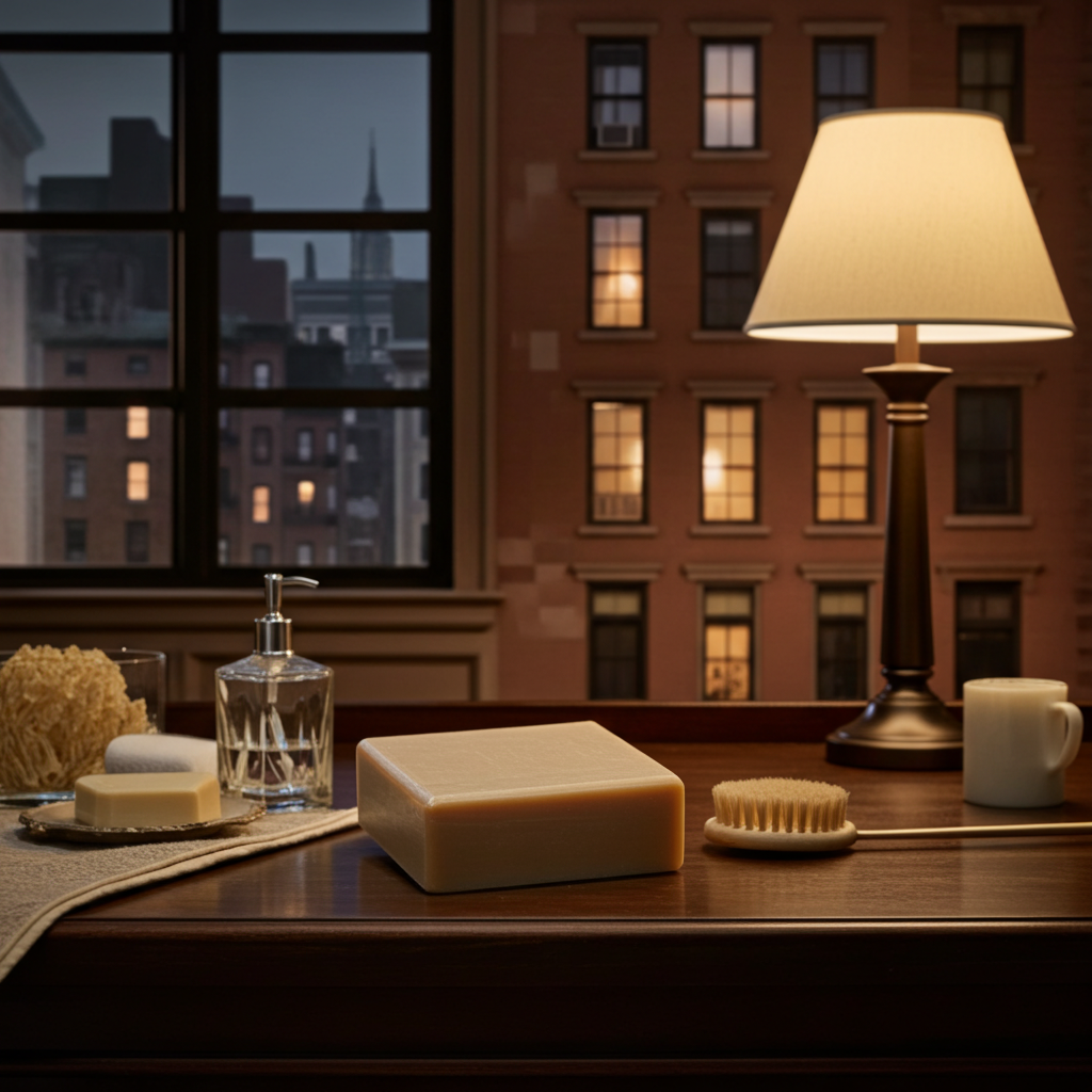Jazz Night in Harlem handmade soap bar styled by a window with warm lamp light and nighttime city view