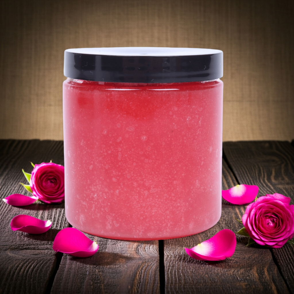 Close-up of Rosy Rose Sugar Scrub Gel surrounded by pink rose petals on wooden background.